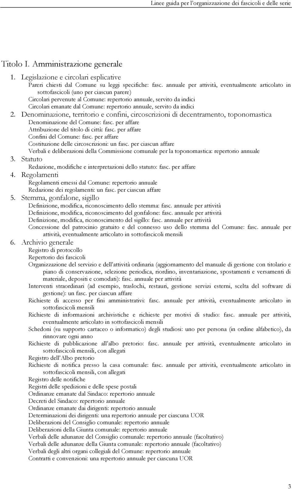 annuale, servito da indici 2. Denominazione, territorio e confini, circoscrizioni di decentramento, toponomastica Denominazione del Comune: fasc. per affare Attribuzione del titolo di città: fasc.