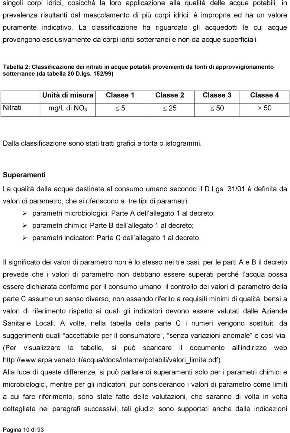 Tabella 2: Classificazione dei nitrati in acque potabili provenienti da fonti di approvvigionamento sotterranee (da tabella 20 D.lgs.