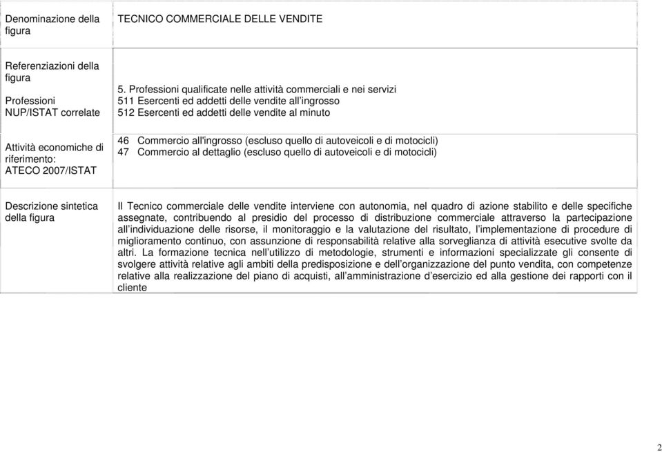 (escluso quello di autoveicoli e di motocicli) 47 Commercio al dettaglio (escluso quello di autoveicoli e di motocicli) Descrizione sintetica della figura Il Tecnico commerciale delle vendite