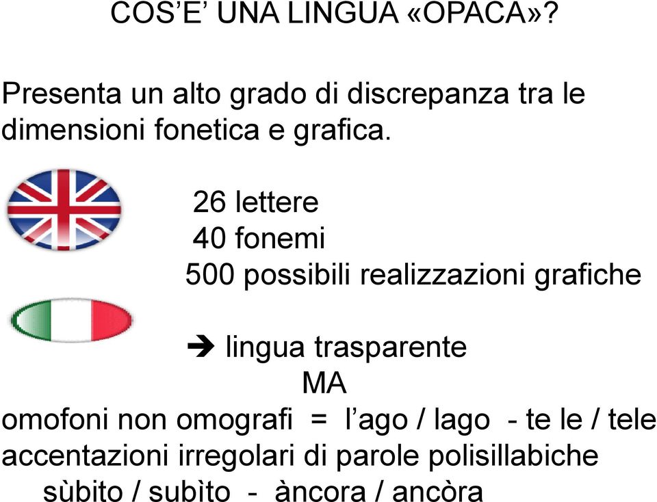 26 lettere 40 fonemi 500 possibili realizzazioni grafiche lingua trasparente