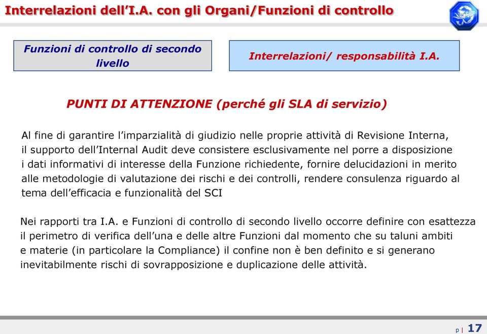 PUNTI DI ATTENZIONE (perché gli SLA di servizio) Al fine di garantire l imparzialità di giudizio nelle proprie attività di Revisione Interna, il supporto dell Internal Audit deve consistere