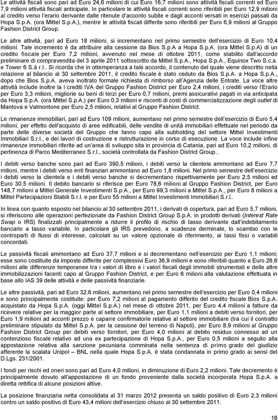 Hopa S.p.A. (ora Mittel S.p.A.), mentre le attività fiscali differite sono riferibili per Euro 6,9 milioni al Gruppo Fashion District Group.