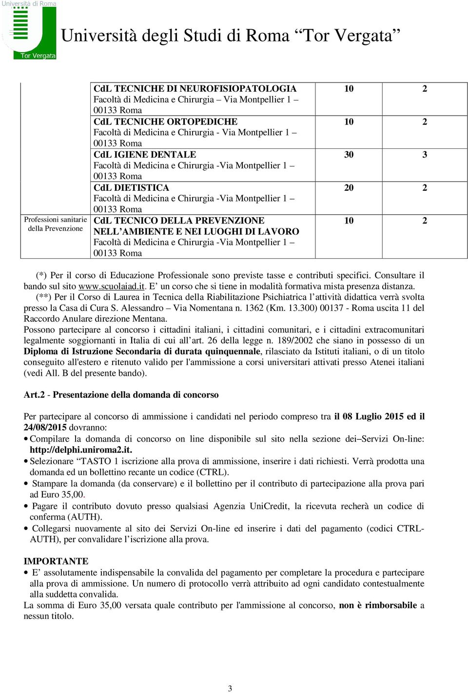 Montpellier 1 10 2 10 2 30 3 20 2 10 2 (*) Per il corso di Educazione Professionale sono previste tasse e contributi specifici. Consultare il bando sul sito