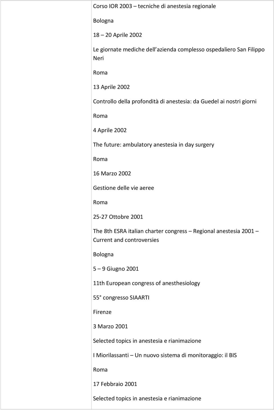 8th ESRA italian charter congress Regional anestesia 2001 Current and controversies Bologna 5 9 Giugno 2001 11th European congress of anesthesiology 55 congresso SIAARTI