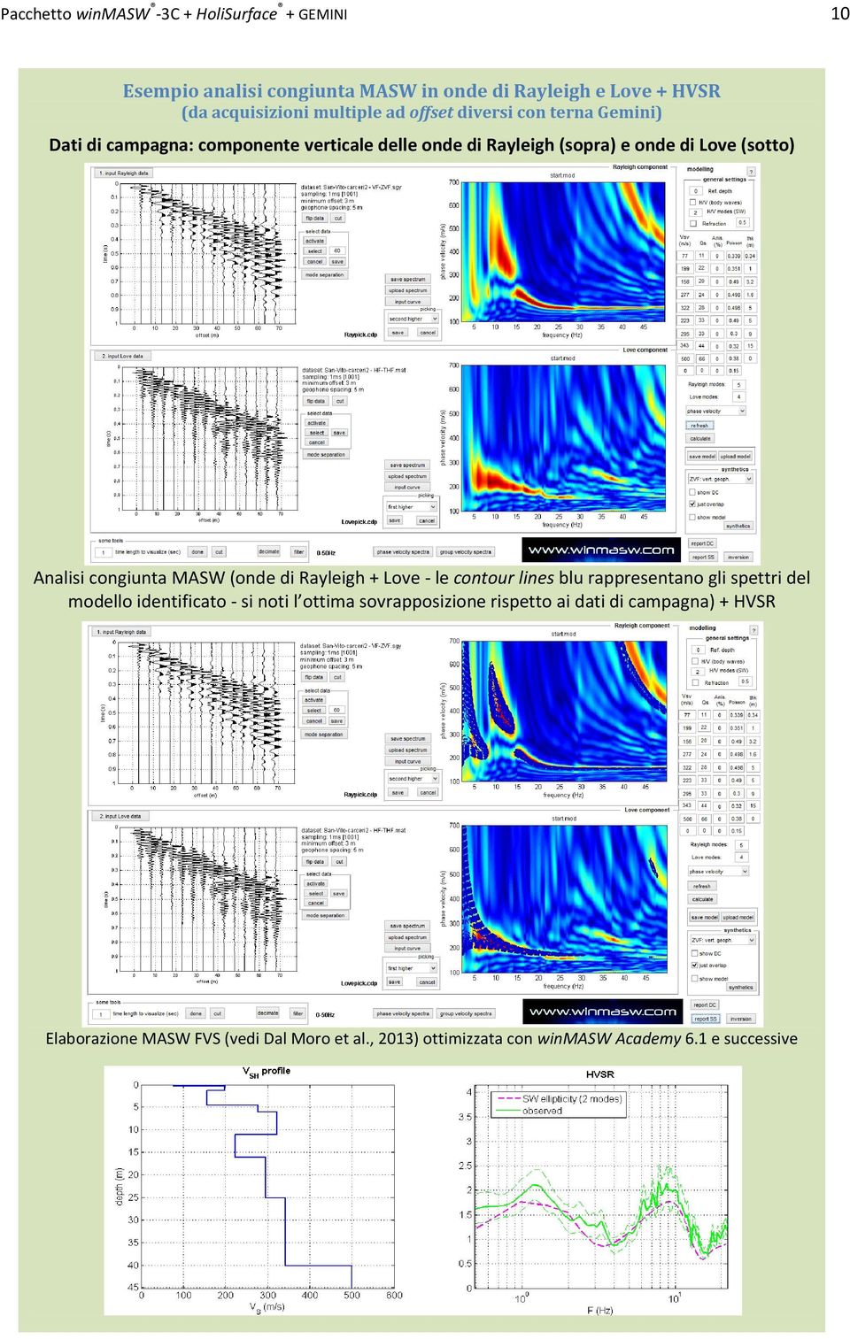 congiunta MASW (onde di Rayleigh + Love - le contour lines blu rappresentano gli spettri del modello identificato - si noti l ottima