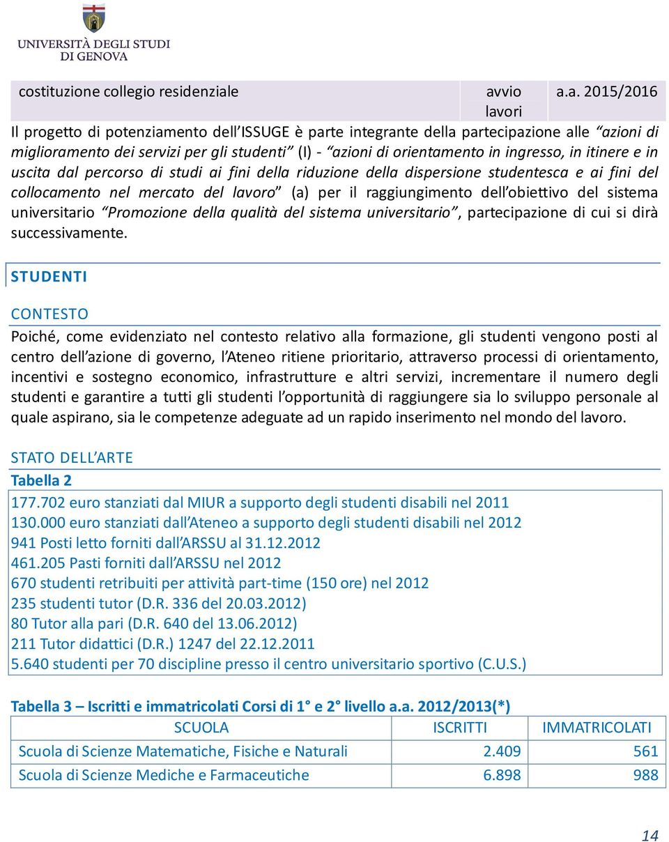 in ingresso, in itinere e in uscita dal percorso di studi ai fini della riduzione della dispersione studentesca e ai fini del collocamento nel mercato del lavoro (a) per il raggiungimento dell