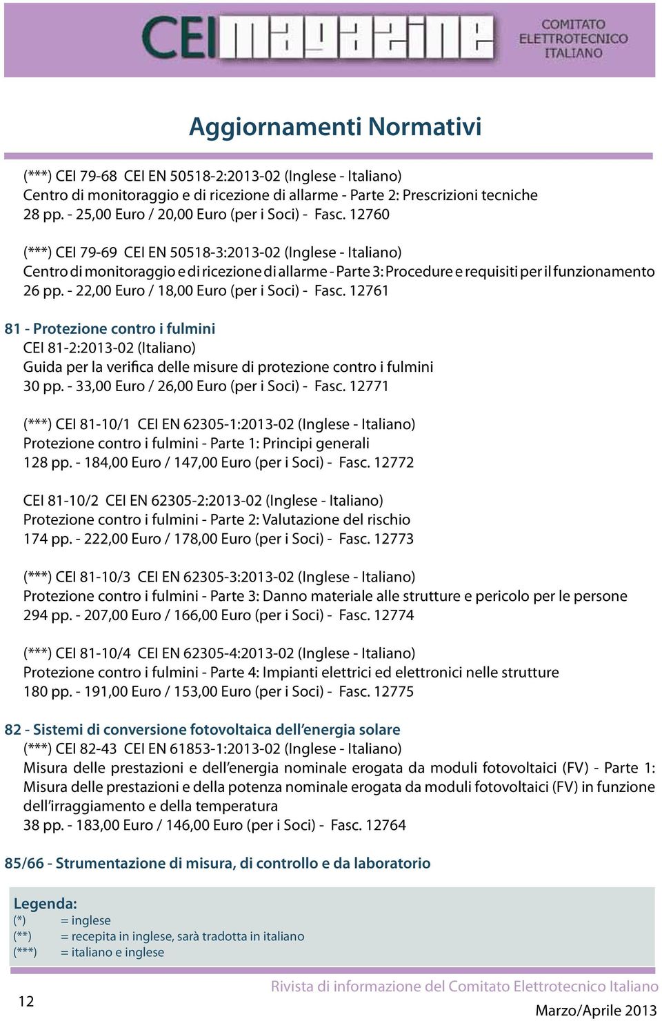 - 22,00 Euro / 18,00 Euro (per i Soci) - Fasc. 12761 81 - Protezione contro i fulmini CEI 81-2:2013-02 (Italiano) Guida per la verifica delle misure di protezione contro i fulmini 30 pp.