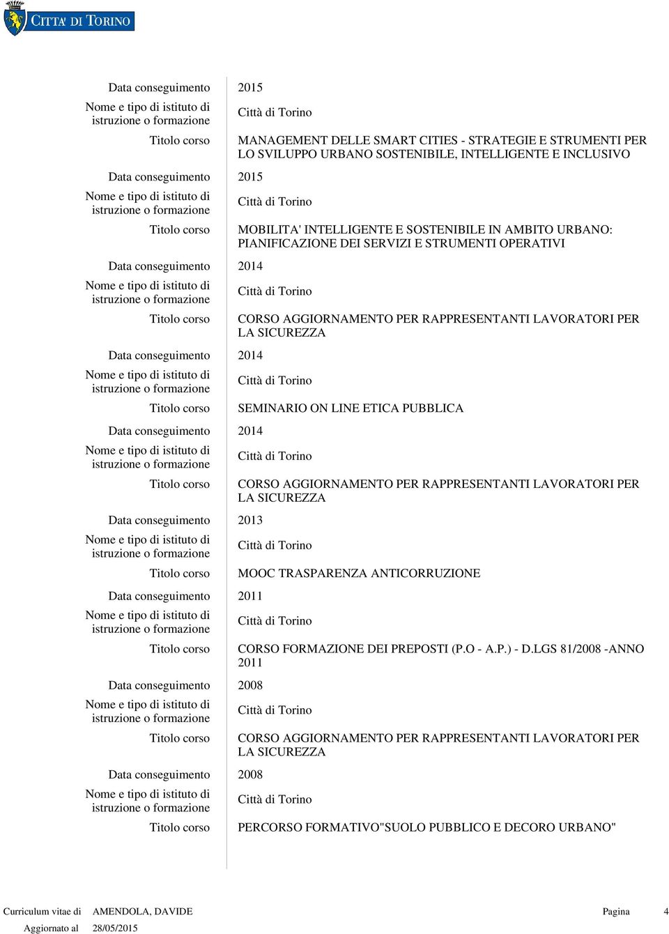 ETICA PUBBLICA 2014 CORSO AGGIORNAMENTO PER RAPPRESENTANTI LAVORATORI PER LA SICUREZZA 2013 MOOC TRASPARENZA ANTICORRUZIONE 2011 CORSO FORMAZIONE DEI PREPOSTI