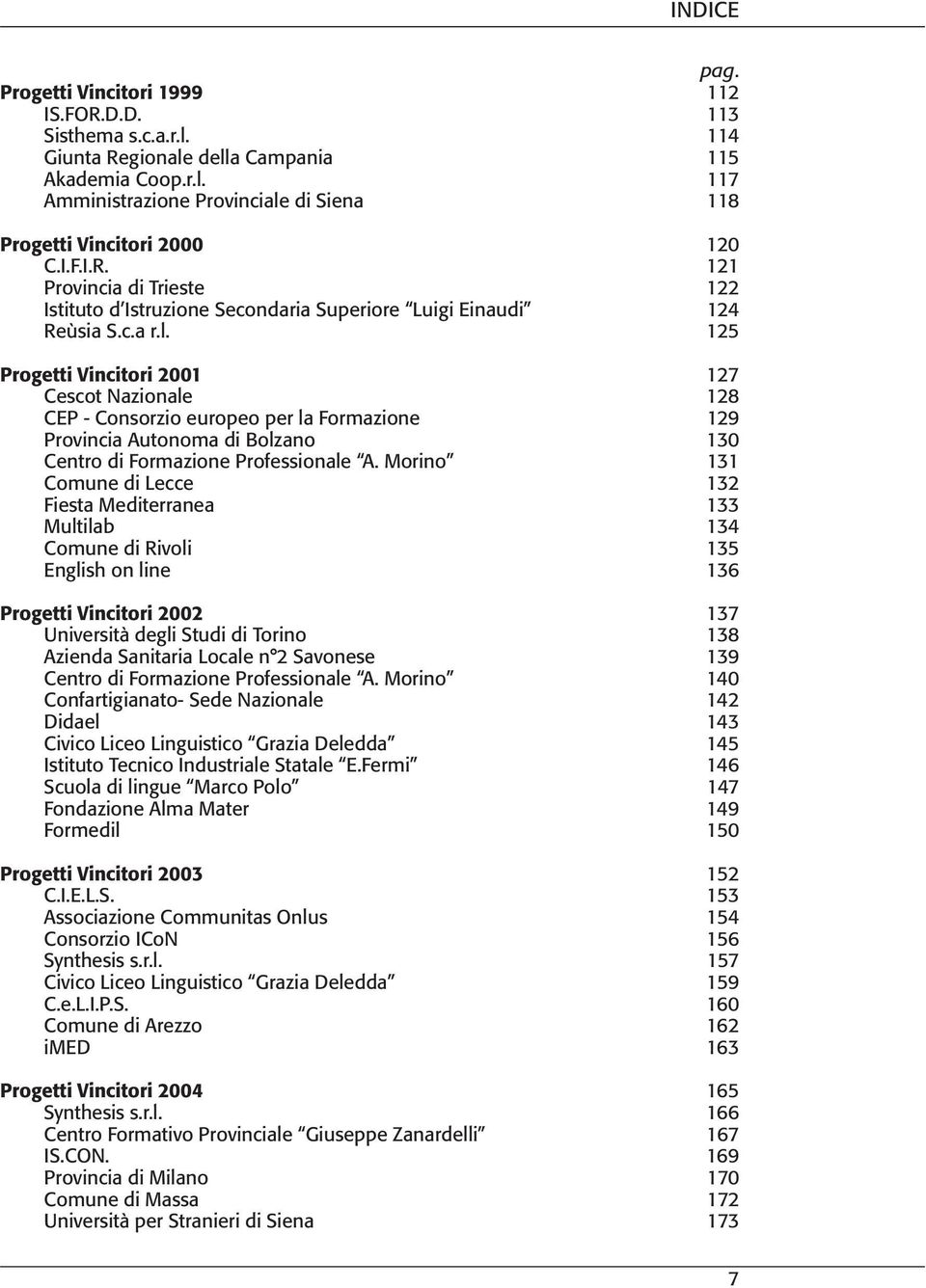 125 Progetti Vincitori 2001 127 Cescot Nazionale 128 CEP - Consorzio europeo per la Formazione 129 Provincia Autonoma di Bolzano 130 Centro di Formazione Professionale A.