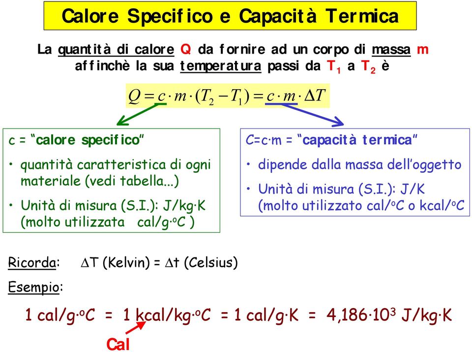 I.): J/kg K (molto utilizzata cal/g oc ) C=c m = capacità termica dipende dalla massa dell oggetto Unità di misura (S.I.): J/K (molto