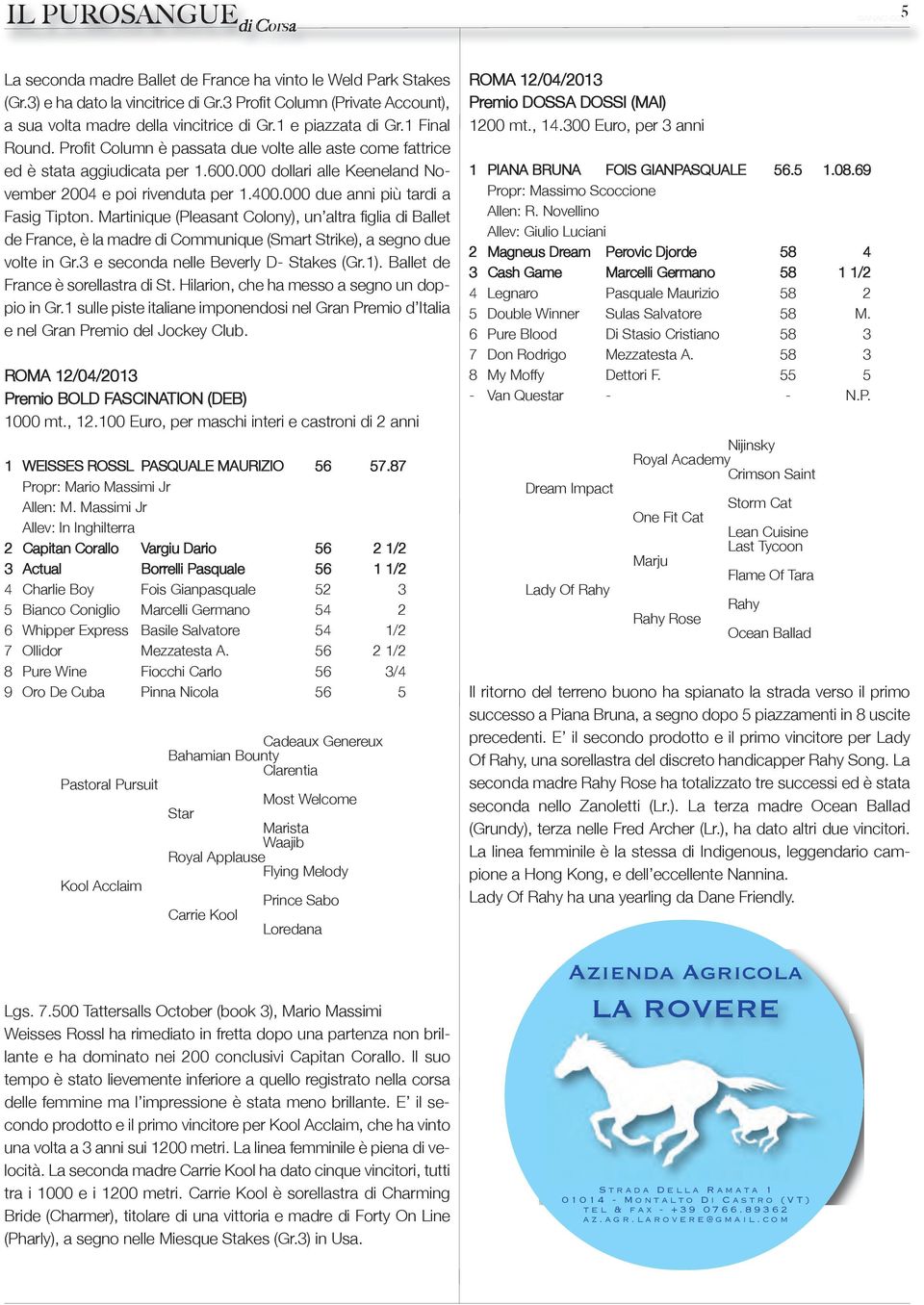 600.000 dollari alle Keeneland November 2004 e poi rivenduta per 1.400.000 due anni più tardi a Fasig Tipton.