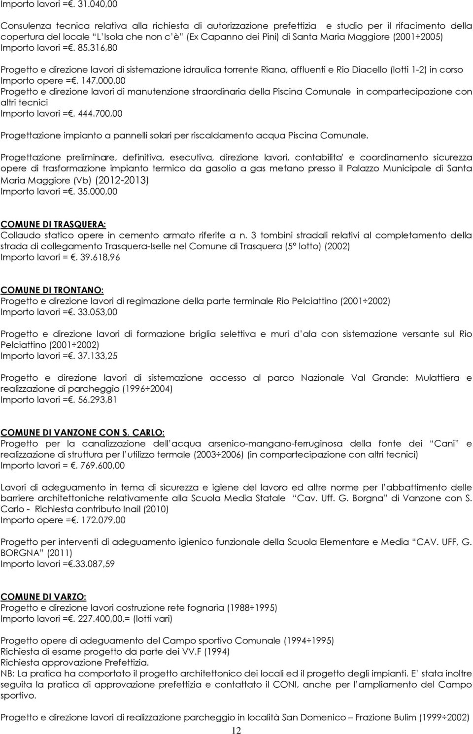 Maggiore (2001 2005) Importo lavori =. 85.316,80 Progetto e direzione lavori di sistemazione idraulica torrente Riana, affluenti e Rio Diacello (lotti 1-2) in corso Importo opere =. 147.000.