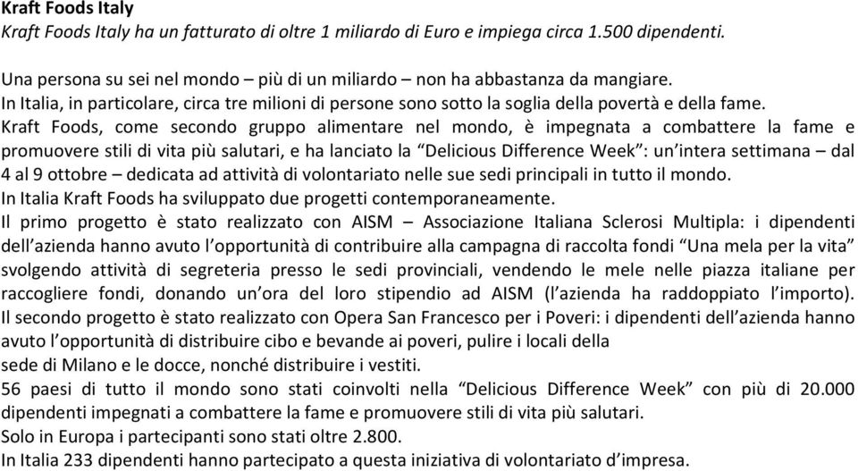 Kraft Foods, come secondo gruppo alimentare nel mondo, è impegnata a combattere la fame e promuovere stili di vita più salutari, e ha lanciato la Delicious Difference Week : un intera settimana dal 4