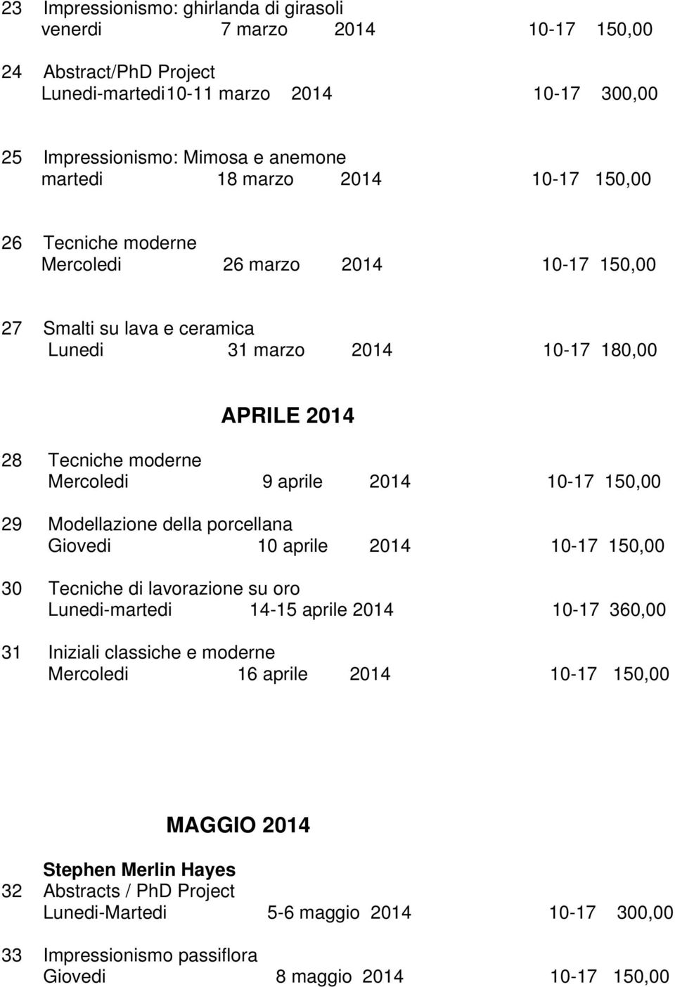 aprile 2014 10-17 150,00 29 Modellazione della porcellana Giovedi 10 aprile 2014 10-17 150,00 30 Tecniche di lavorazione su oro Lunedi-martedi 14-15 aprile 2014 10-17 360,00 31 Iniziali