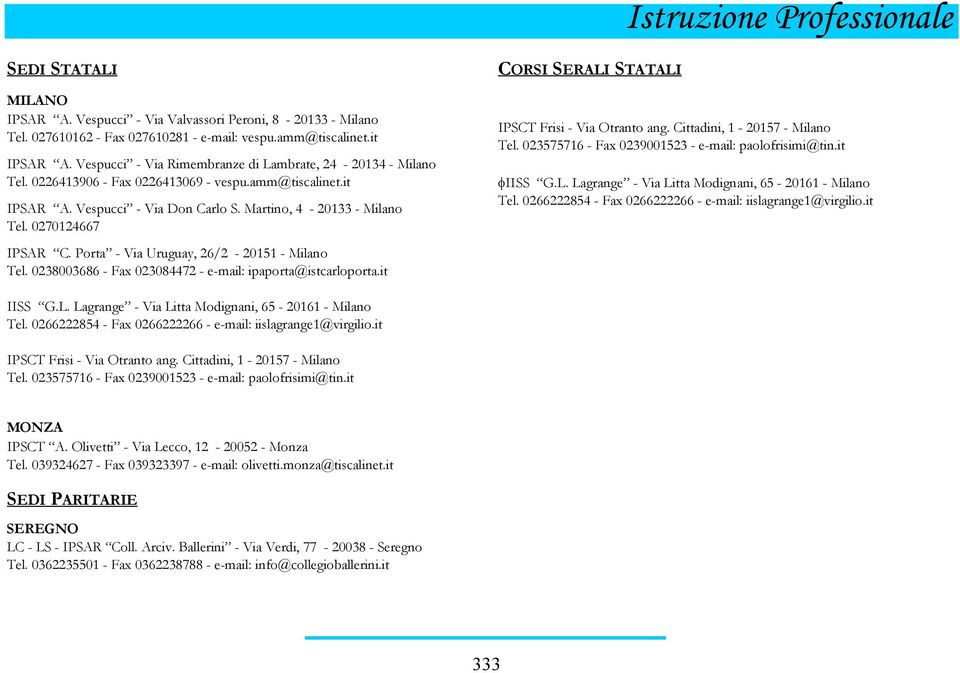 0270124667 IPSAR C. Porta - Via Uruguay, 26/2-20151 - Milano Tel. 0238003686 - Fax 023084472 - e-mail: ipaporta@istcarloporta.it CORSI SERALI STATALI IPSCT Frisi - Via Otranto ang.