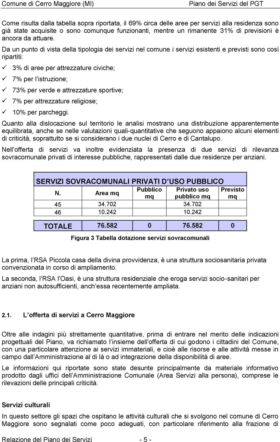 Da un punto di vista della tipologia dei servizi nel comune i servizi esistenti e previsti sono così ripartiti: 3% di aree per attrezzature civiche; 7% per l istruzione; 73% per verde e attrezzature