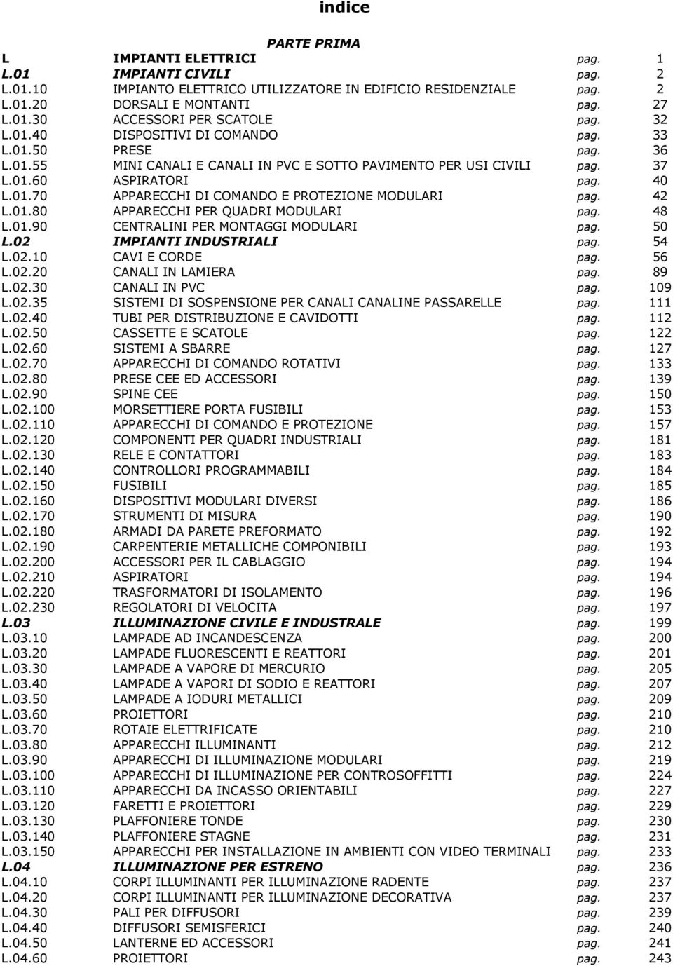 42 L.01.80 APPARECCHI PER QUADRI MODULARI pag. 48 L.01.90 CENTRALINI PER MONTAGGI MODULARI pag. 50 L.02 IMPIANTI INDUSTRIALI pag. 54 L.02.10 CAVI E CORDE pag. 56 L.02.20 CANALI IN LAMIERA pag. 89 L.