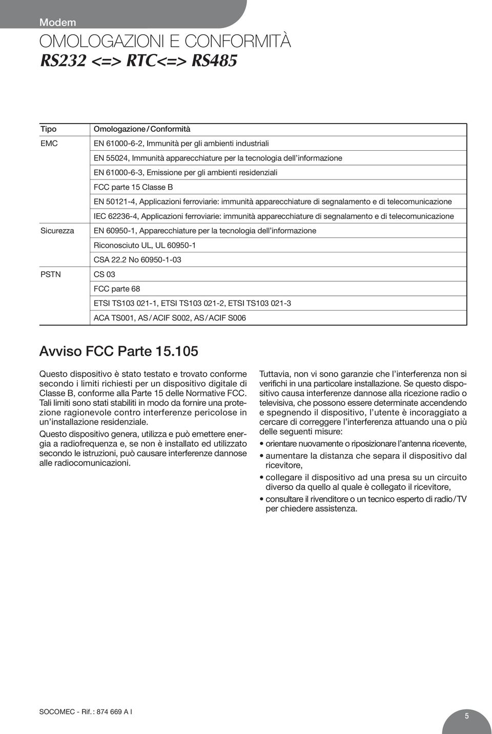 ferroviarie: immunità apparecchiature di segnalamento e di telecomunicazione Sicurezza EN 60950-1, Apparecchiature per la tecnologia dell informazione Riconosciuto UL, UL 60950-1 CSA 22.