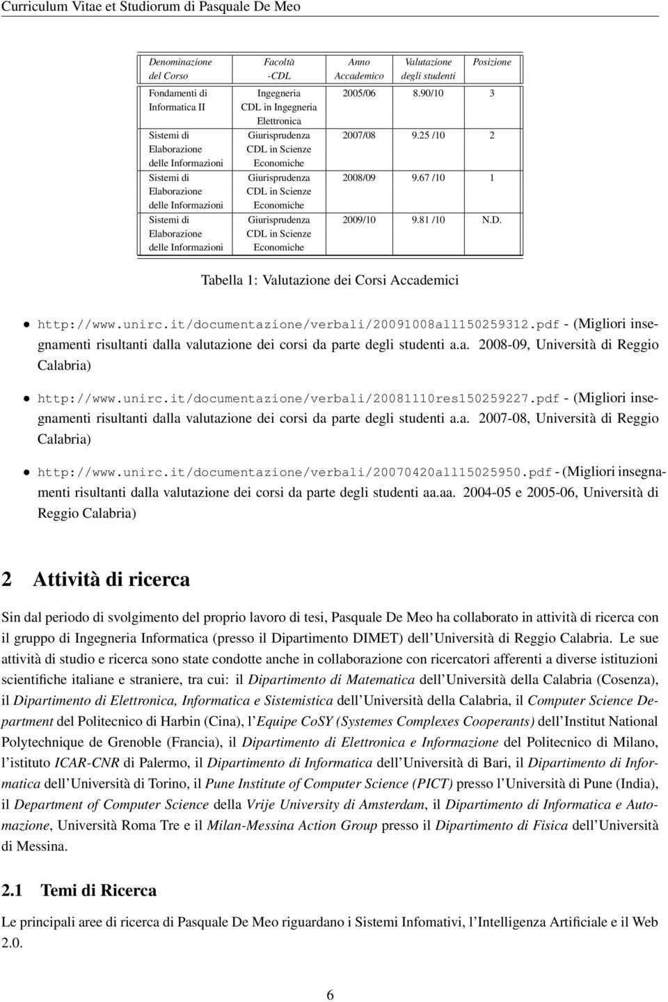 67 /10 1 Elaborazione CDL in Scienze delle Informazioni Economiche Sistemi di Giurisprudenza 2009/10 9.81 /10 N.D. Elaborazione CDL in Scienze delle Informazioni Economiche Tabella 1: Valutazione dei Corsi Accademici http://www.