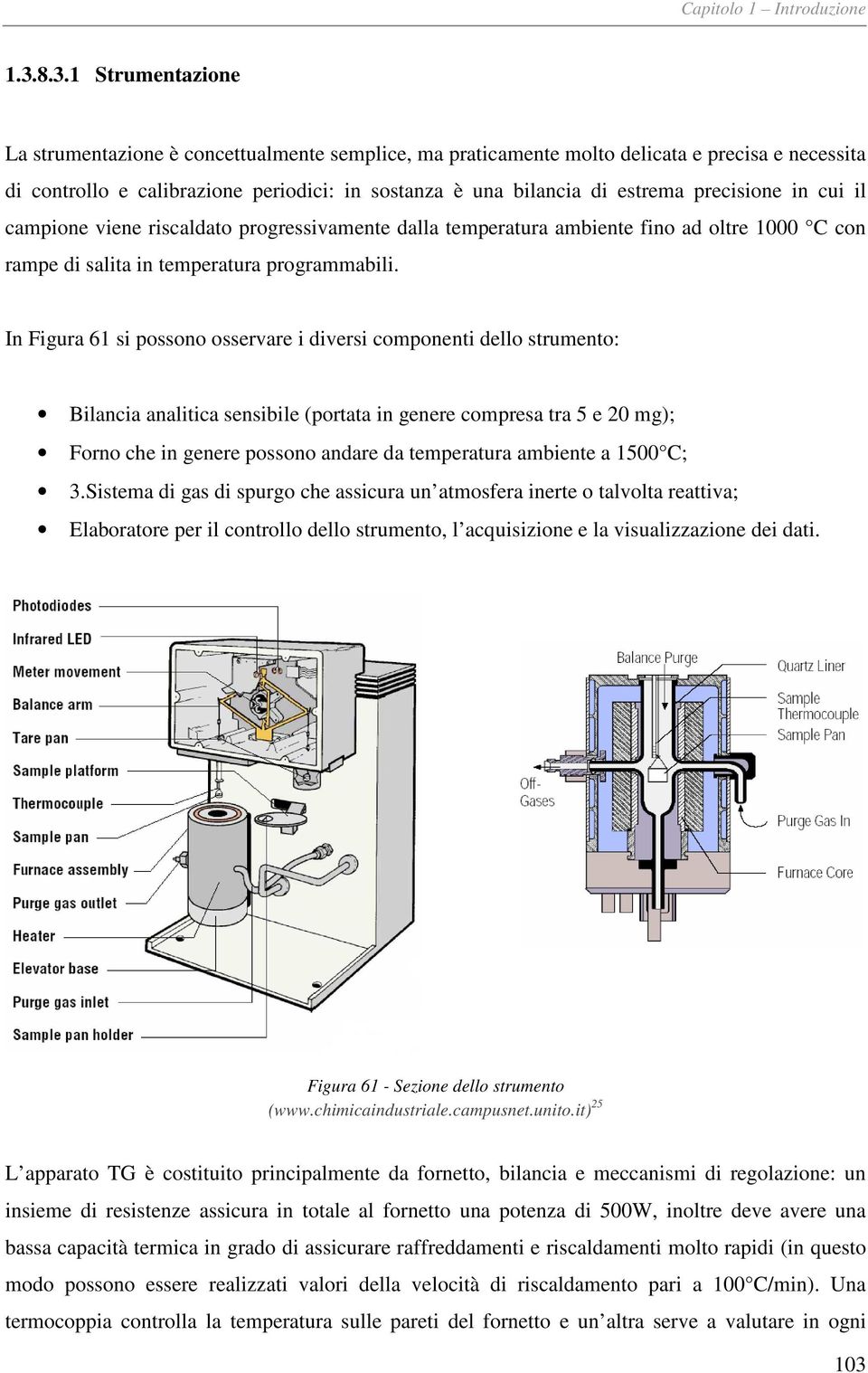 In Figura 61 si possono osservare i diversi componenti dello strumento: Bilancia analitica sensibile (portata in genere compresa tra 5 e 20 mg); Forno che in genere possono andare da temperatura