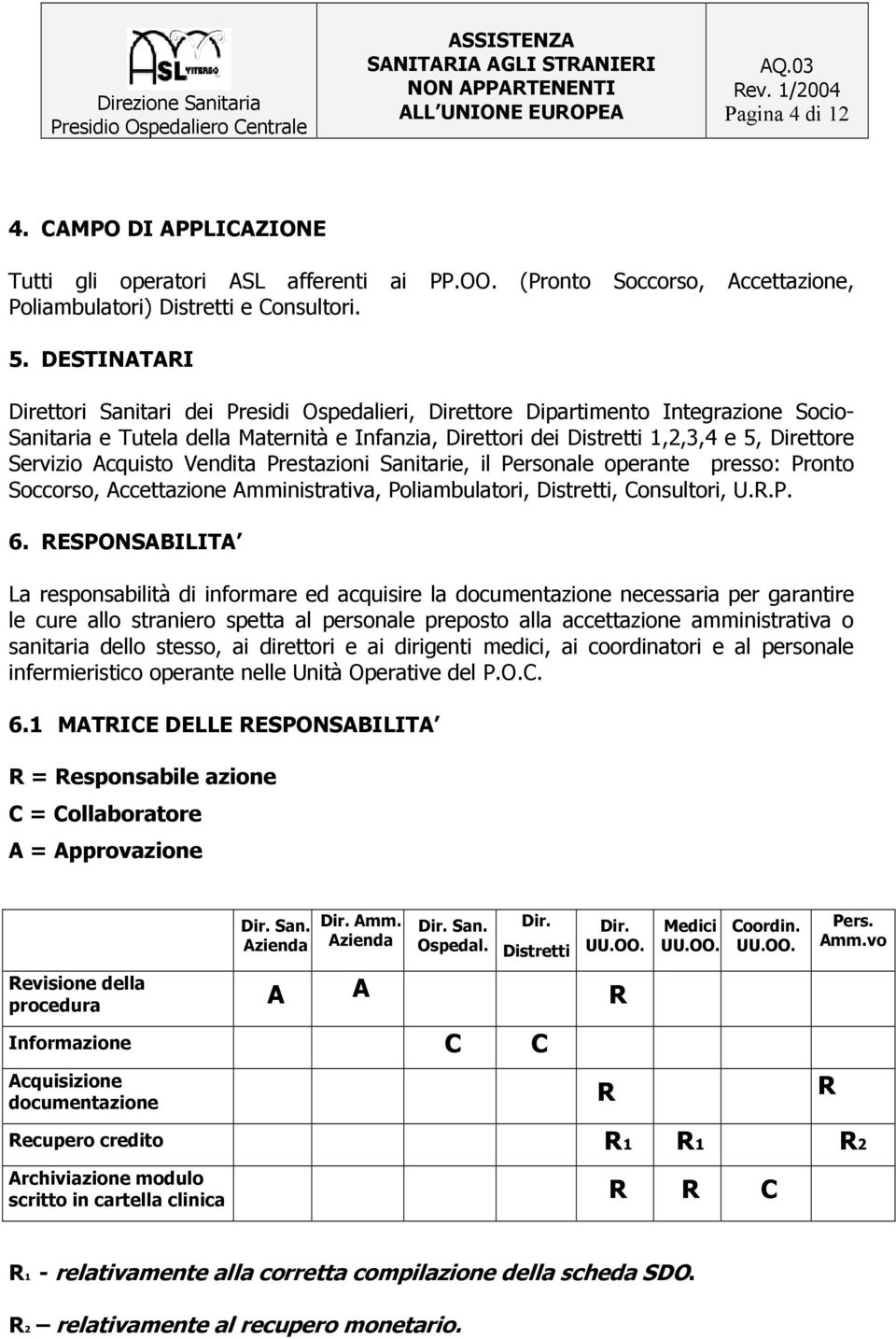 Servizio Acquisto Vendita Prestazioni Sanitarie, il Personale operante presso: Pronto Soccorso, Accettazione Amministrativa, Poliambulatori, Distretti, Consultori, U.R.P. 6.