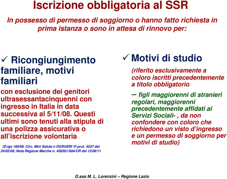 lgs 160/08. Circ. Mini Salute n DGRUERI VI prot. 4537 del 24/02/09; Nota Regione Marche n.