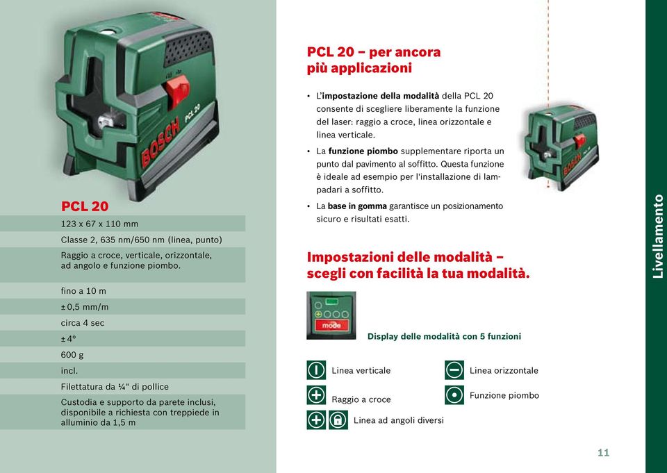 modalità della PCL 20 consente di scegliere liberamente la funzione del laser: raggio a croce, linea orizzontale e linea verticale.