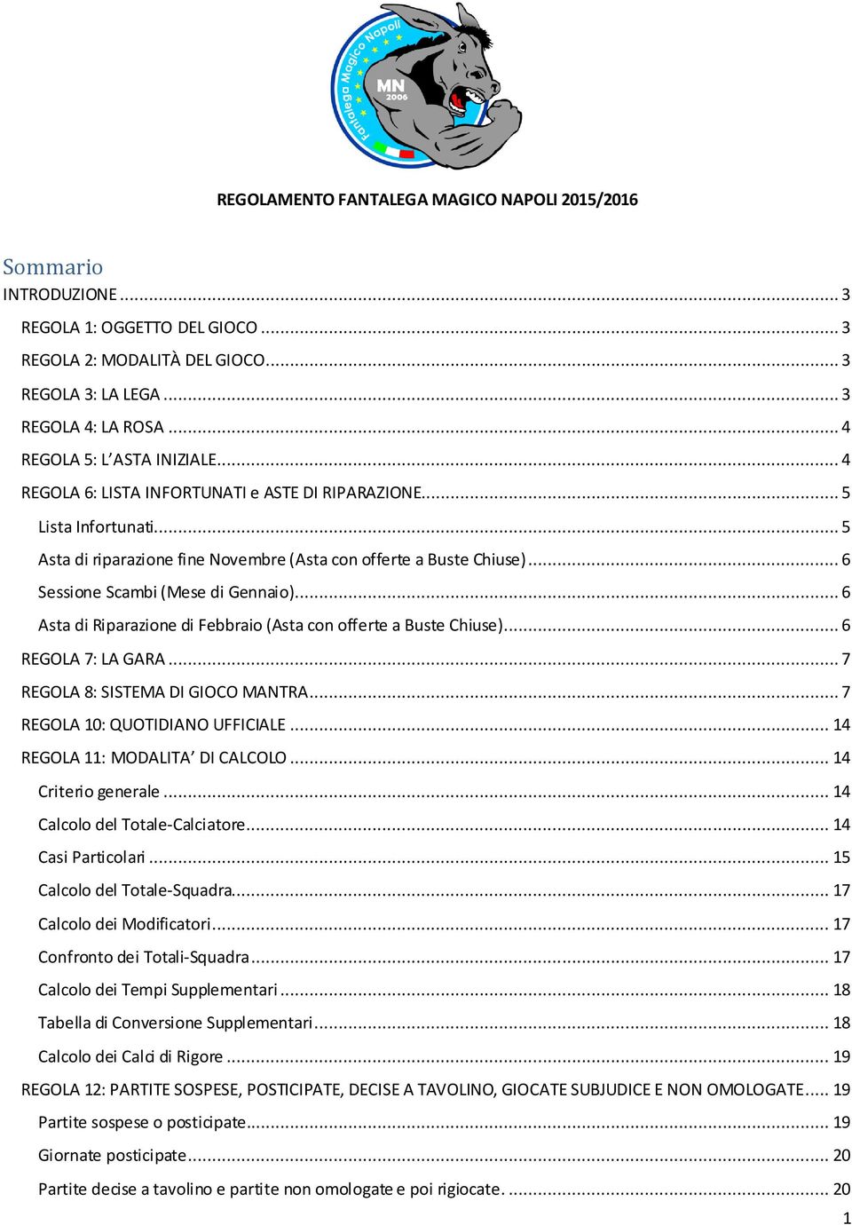 .. 6 Sessione Scambi (Mese di Gennaio)... 6 Asta di Riparazione di Febbraio (Asta con offerte a Buste Chiuse)... 6 REGOLA 7: LA GARA... 7 REGOLA 8: SISTEMA DI GIOCO MANTRA.