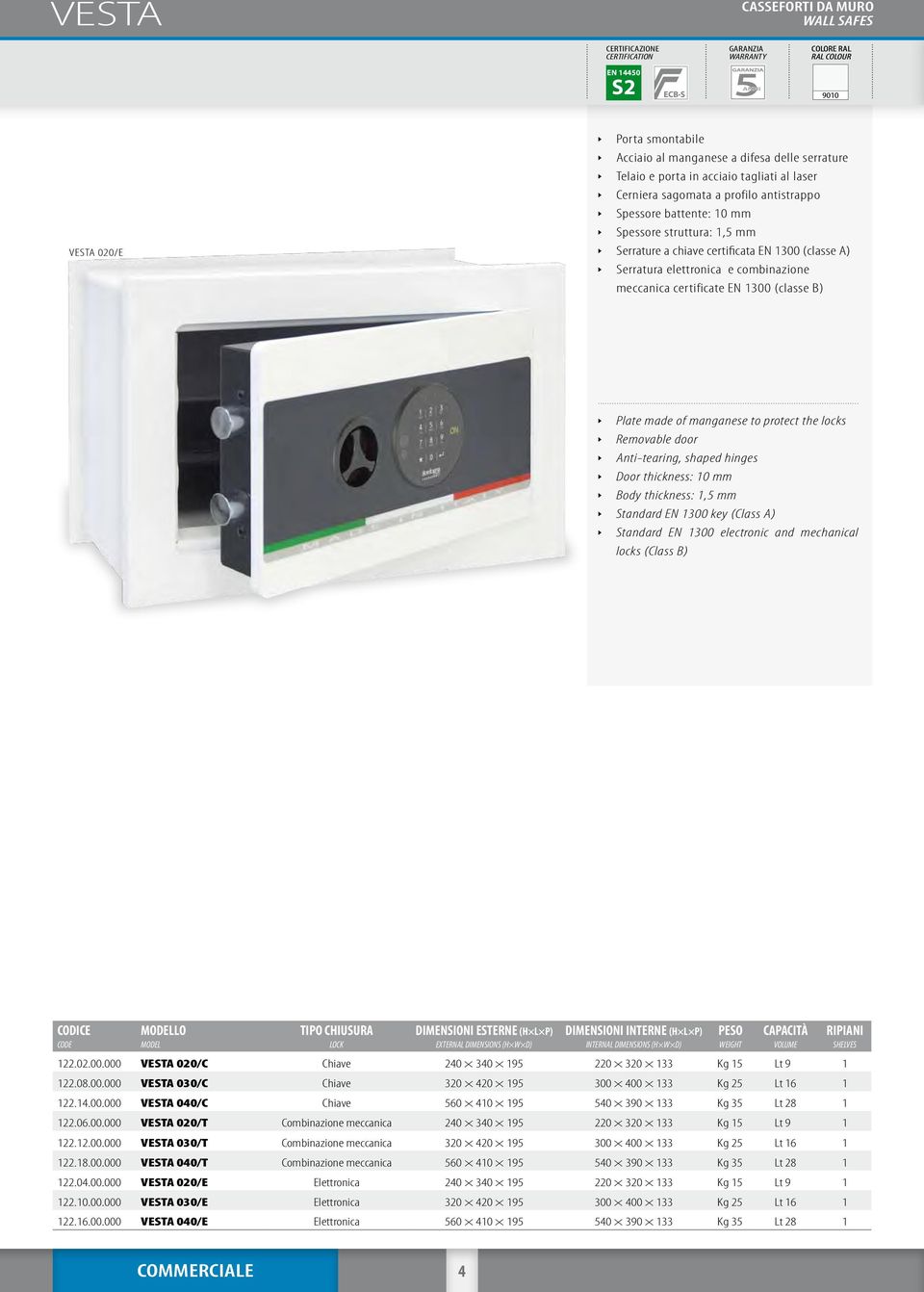 Plate made of manganese to protect the locks Removable door Anti-tearing, shaped hinges Door thickness: 10 mm Body thickness: 1,5 mm Standard EN 1300 key (Class A) Standard EN 1300 electronic and