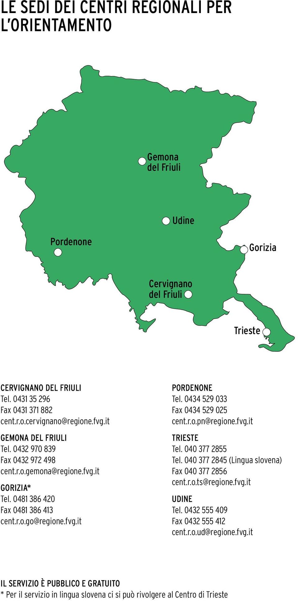 fvg.it PORDENONE Tel. 0434 529 033 Fax 0434 529 025 cent.r.o.pn@regione.fvg.it TRIESTE Tel. 040 377 2855 Tel. 040 377 2845 (Lingua slovena) Fax 040 377 2856 cent.r.o.ts@regione.fvg.it UDINE Tel.