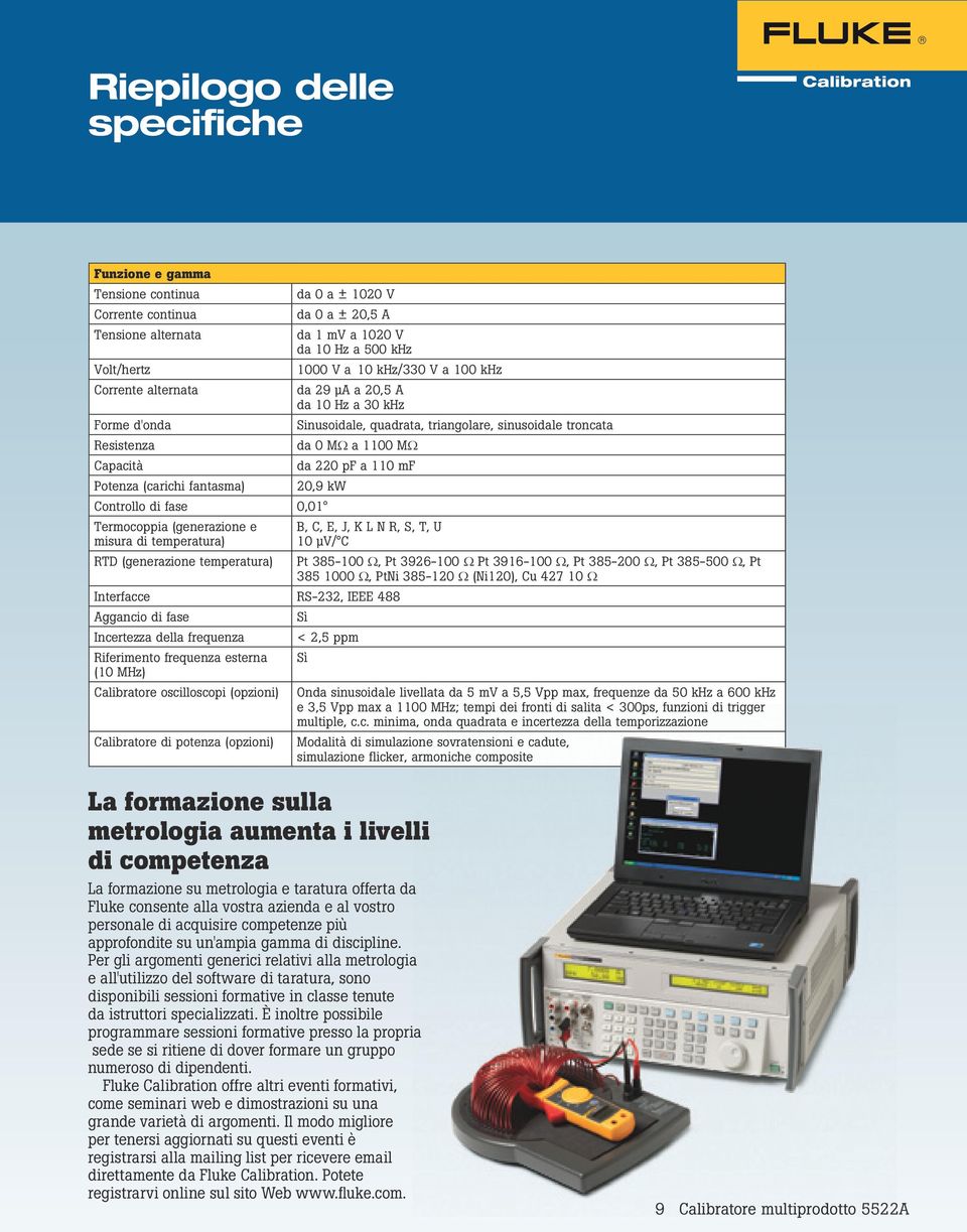 MΩ da 220 pf a 110 mf 20,9 kw Controllo di fase 0,01 Termocoppia (generazione e misura di temperatura) RTD (generazione temperatura) B, C, E, J, K L N R, S, T, U 10 µv/ C Interfacce RS-232, IEEE 488