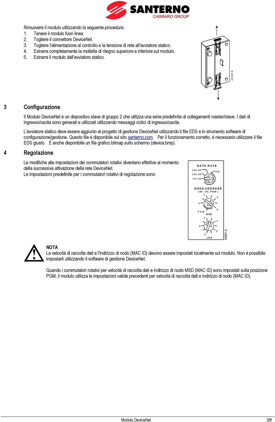 Estrarre il modulo dall'avviatore statico. 0 3 5 5 0.B 3 Configurazione Il Modulo DeviceNet è un dispositivo slave di gruppo che utilizza una serie predefinita di collegamenti master/slave.