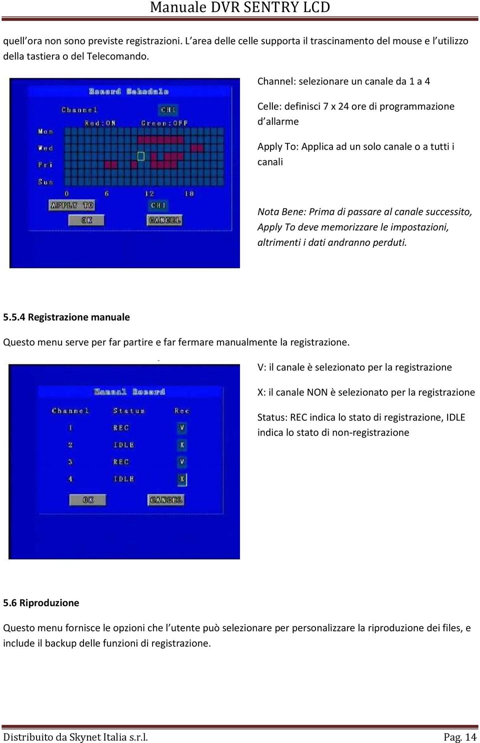 successito, Apply To deve memorizzare le impostazioni, altrimenti i dati andranno perduti. 5.5.4 Registrazione manuale Questo menu serve per far partire e far fermare manualmente la registrazione.