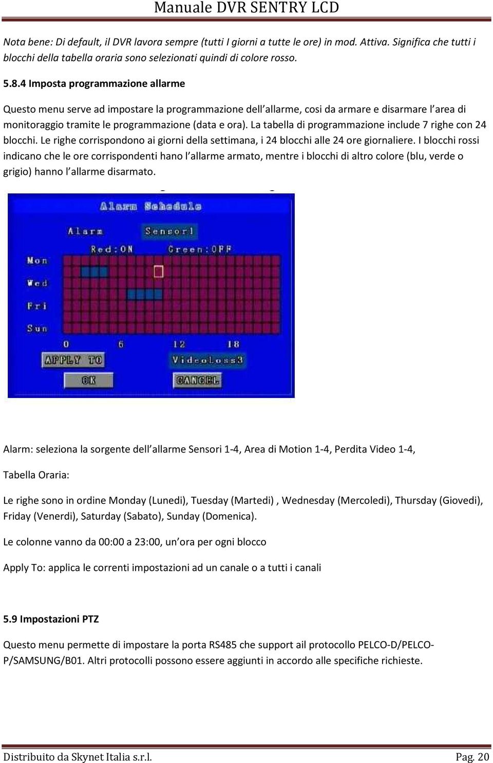 La tabella di programmazione include 7 righe con 24 blocchi. Le righe corrispondono ai giorni della settimana, i 24 blocchi alle 24 ore giornaliere.