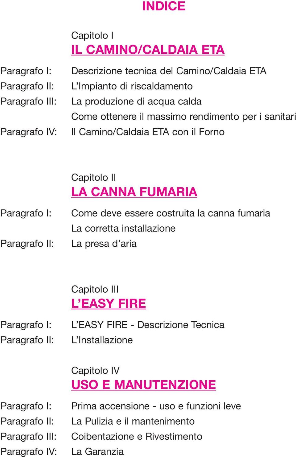 costruita la canna fumaria La corretta installazione La presa d aria Capitolo III L EASY FIRE Paragrafo I: Paragrafo II: L EASY FIRE - Descrizione Tecnica L Installazione Capitolo