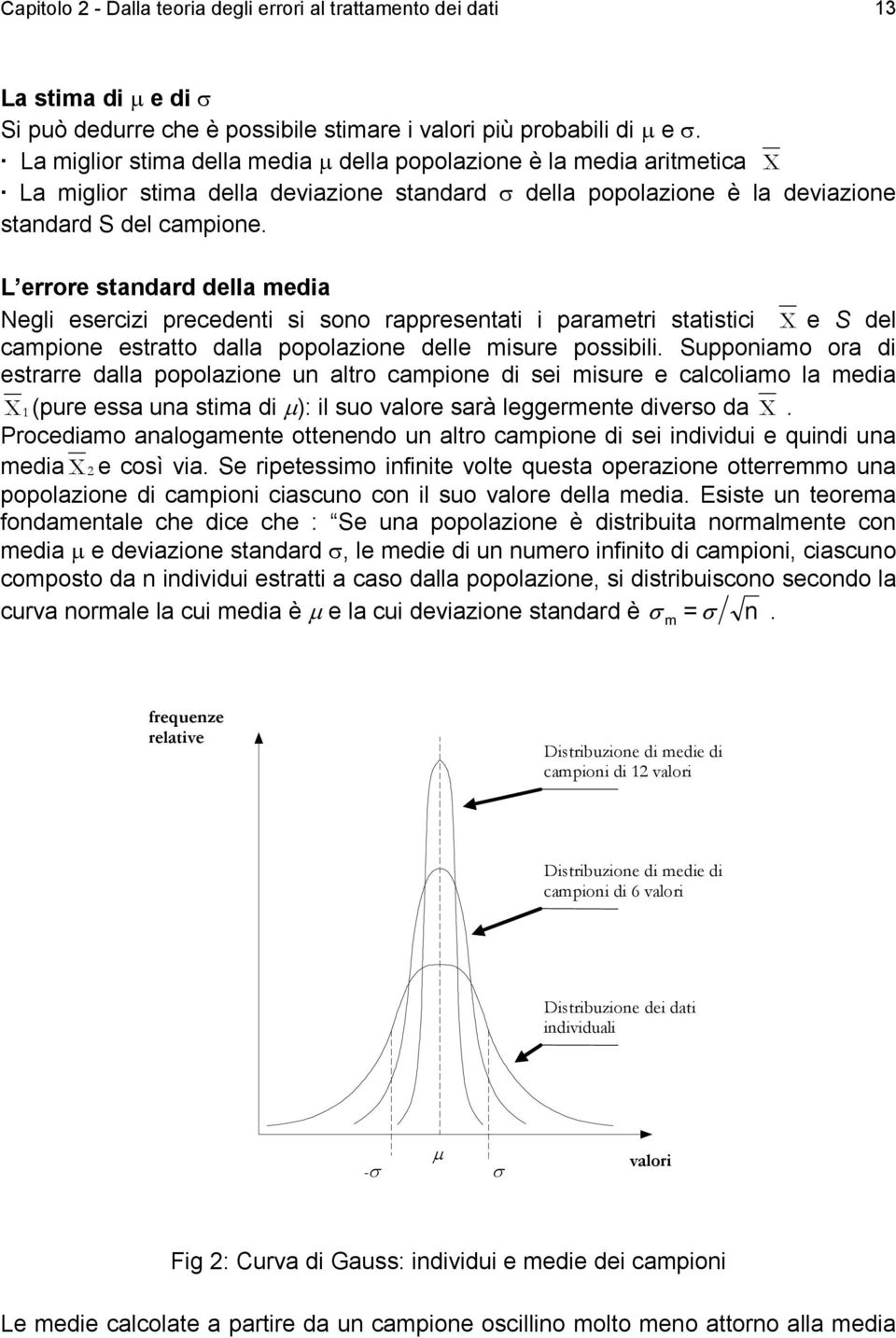 L errore standard della meda Negl esercz precedent s sono rappresentat parametr statstc X e S del campone estratto dalla popolazone delle msure possbl.