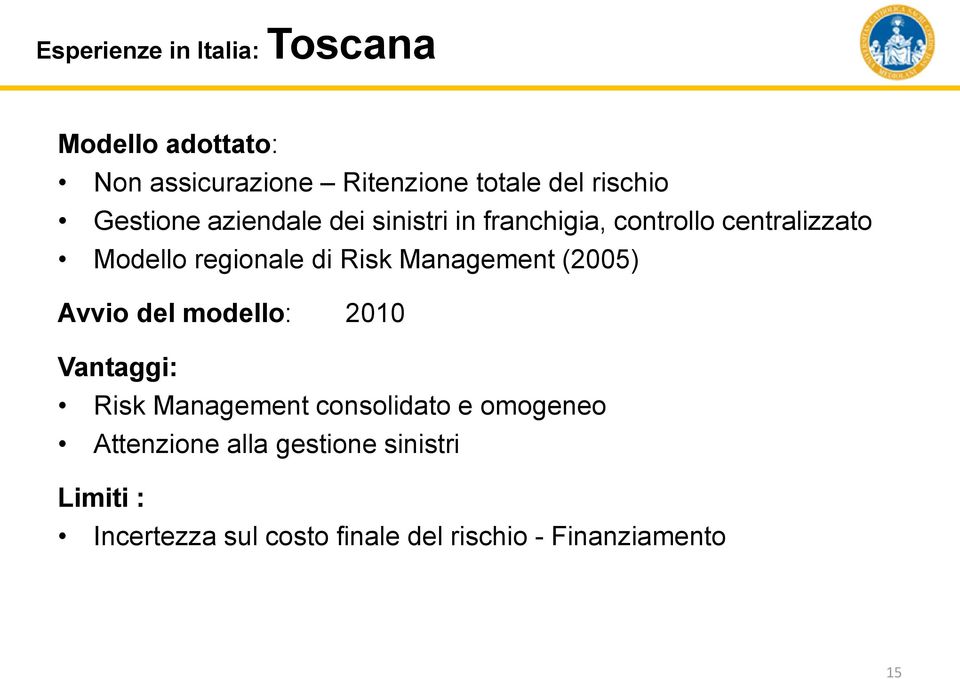 Management (2005) Avvio del modello: 2010 Vantaggi: Risk Management consolidato e omogeneo