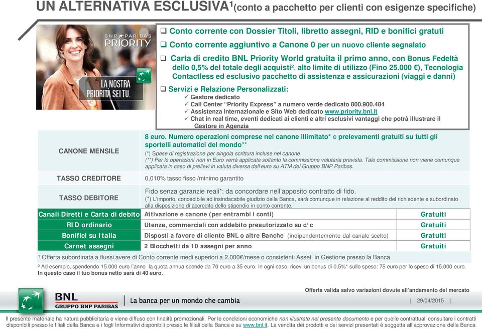 000 ), Tecnologia Contactless ed esclusivo pacchetto di assistenza e assicurazioni (viaggi e danni) Servizi e Relazione Personalizzati: Gestore dedicato Call Center Priority Express a numero verde