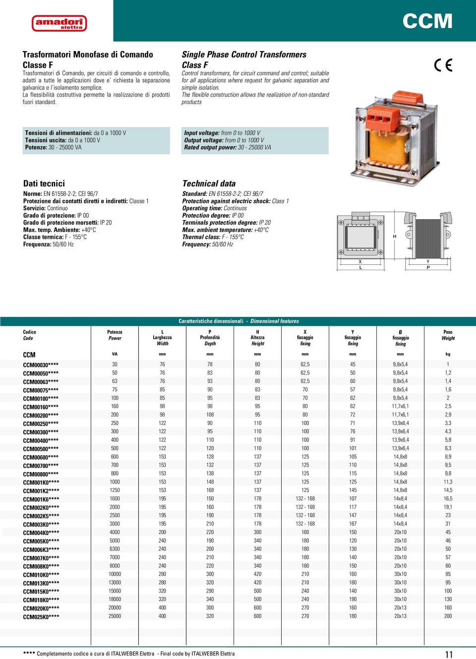 Single hase Control Transformers Class F Control transformers, for circuit command and control; suitable for all applications where request for galvanic separation and simple isolation.
