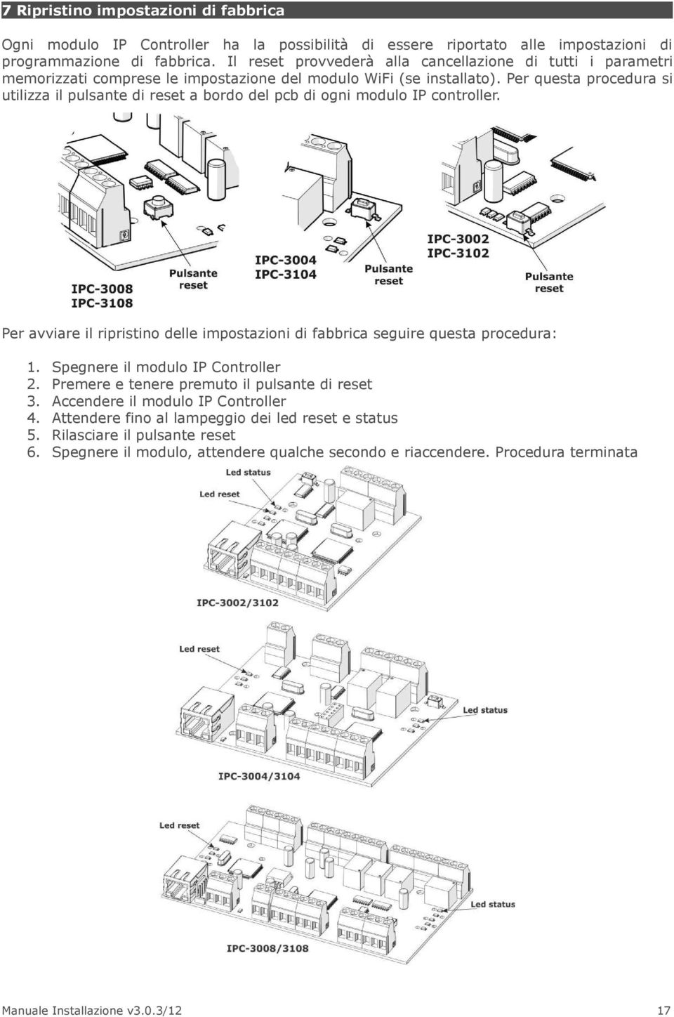 Per questa procedura si utilizza il pulsante di reset a bordo del pcb di ogni modulo IP controller. Per avviare il ripristino delle impostazioni di fabbrica seguire questa procedura: 1.