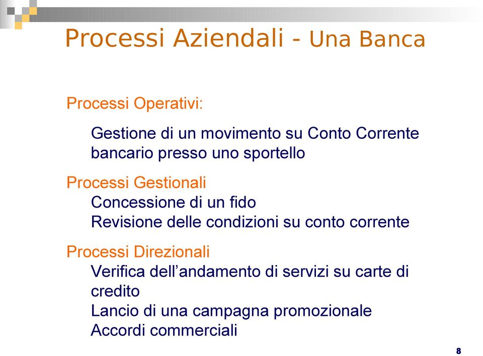 Revisione delle condizioni su conto corrente Processi Direzionali Verifica dell