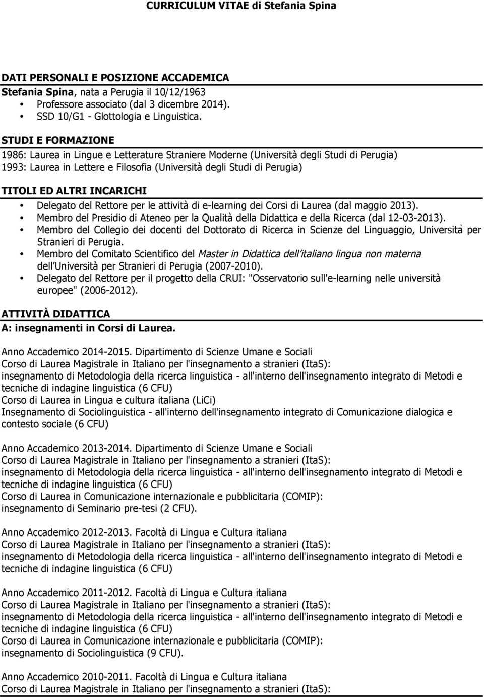 INCARICHI Delegato del Rettore per le attività di e-learning dei Corsi di Laurea (dal maggio 2013). Membro del Presidio di Ateneo per la Qualità della Didattica e della Ricerca (dal 12-03-2013).