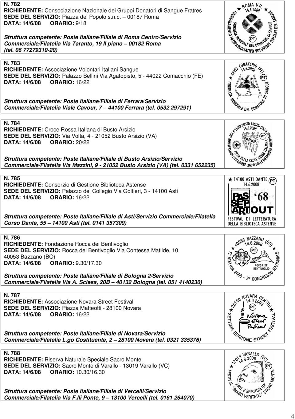 783 RICHIEDENTE: Associazione Volontari Italiani Sangue SEDE DEL SERVIZIO: Palazzo Bellini Via Agatopisto, 5-44022 Comacchio (FE) DATA: 14/6/08 ORARIO: 16/22 Struttura competente: Poste