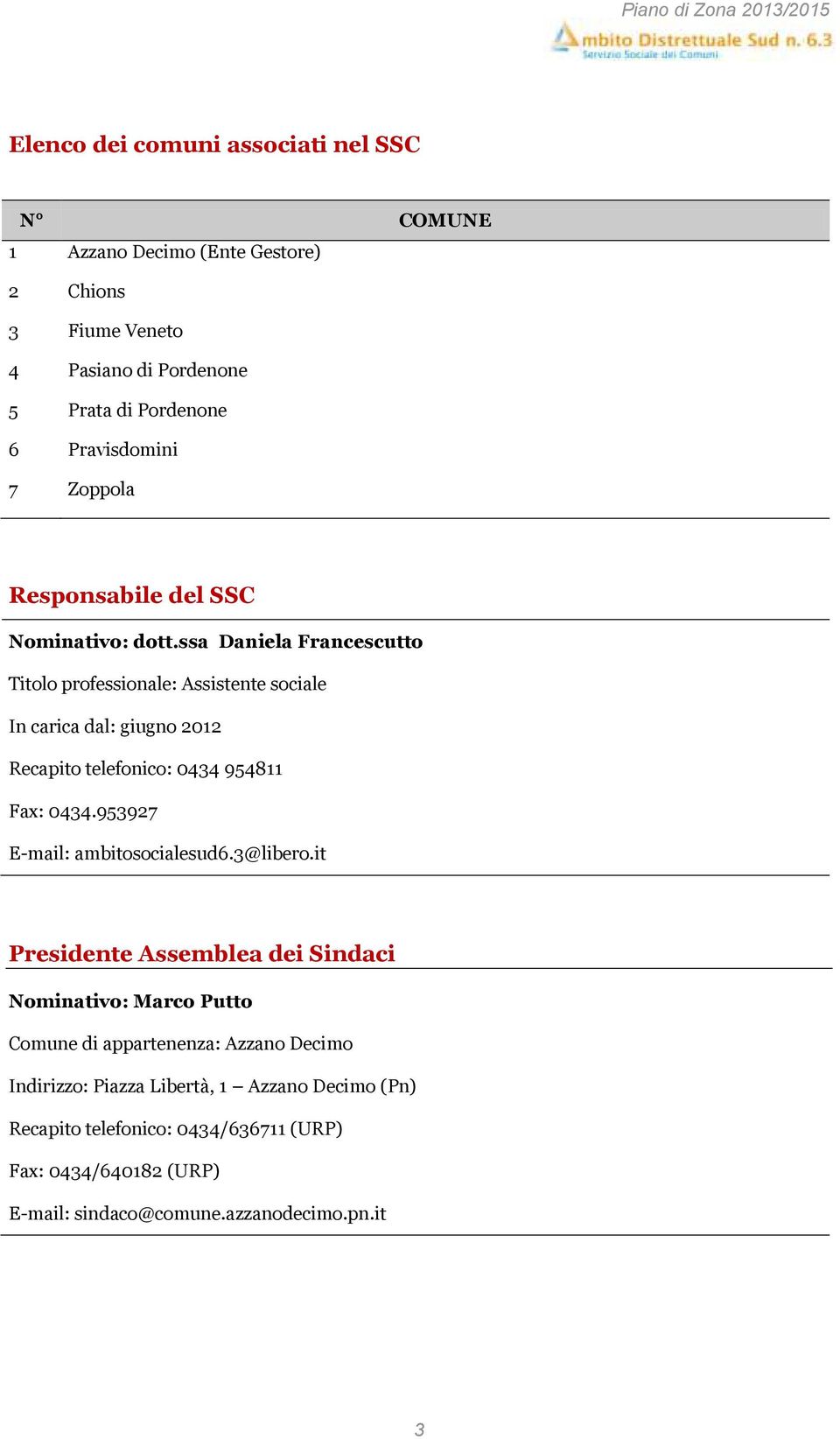 ssa Daniela Francescutto Titolo professionale: Assistente sociale In carica dal: giugno 2012 Recapito telefonico: 0434 954811 Fax: 0434.