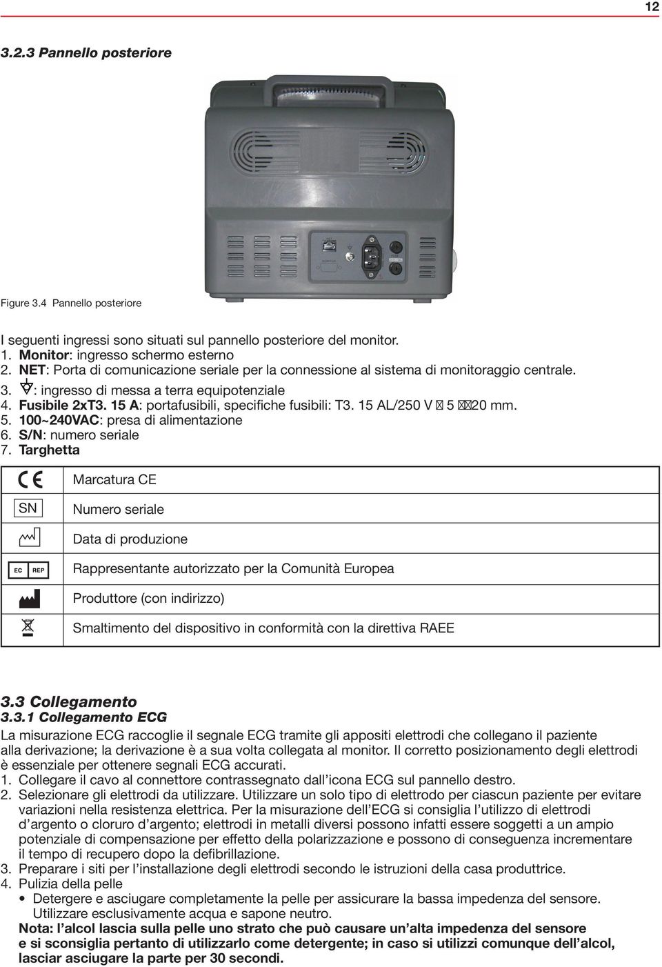 15 A: portafusibili, specifiche fusibili: T3. 15 AL/250 V Φ 5 ΦΦ20 mm. 5. 100~240VAC: presa di alimentazione 6. S/N: numero seriale 7.