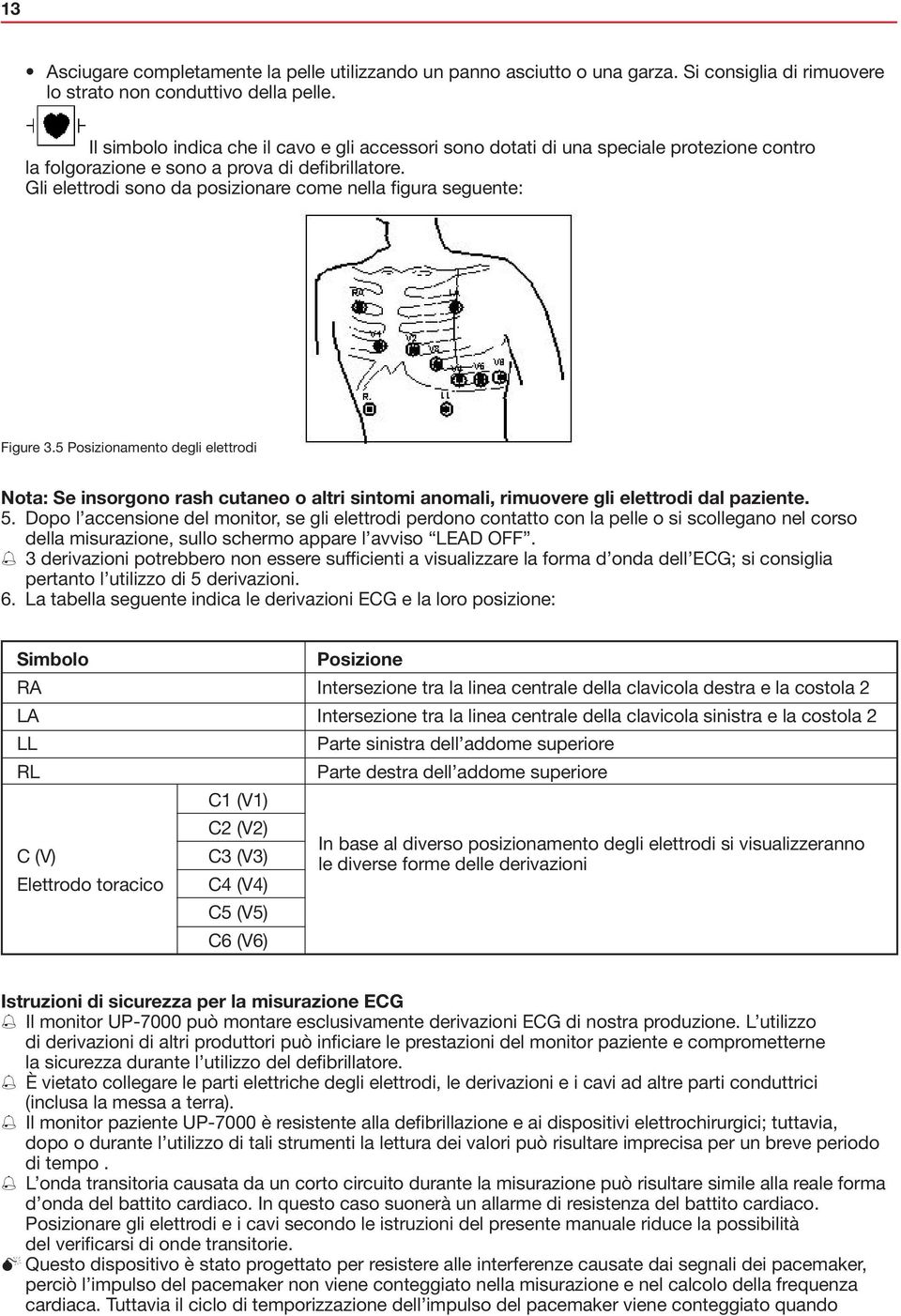 Gli elettrodi sono da posizionare come nella figura seguente: figure 3.5 Posizionamento degli elettrodi Nota: Se insorgono rash cutaneo o altri sintomi anomali, rimuovere gli elettrodi dal paziente.