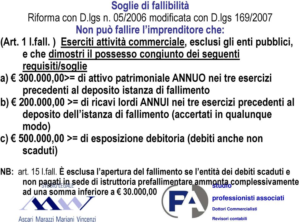 000,00 >= di ricavi lordi ANNUI nei tre esercizi precedenti al deposito dell istanza di fallimento (accertati in qualunque modo) c) 500.