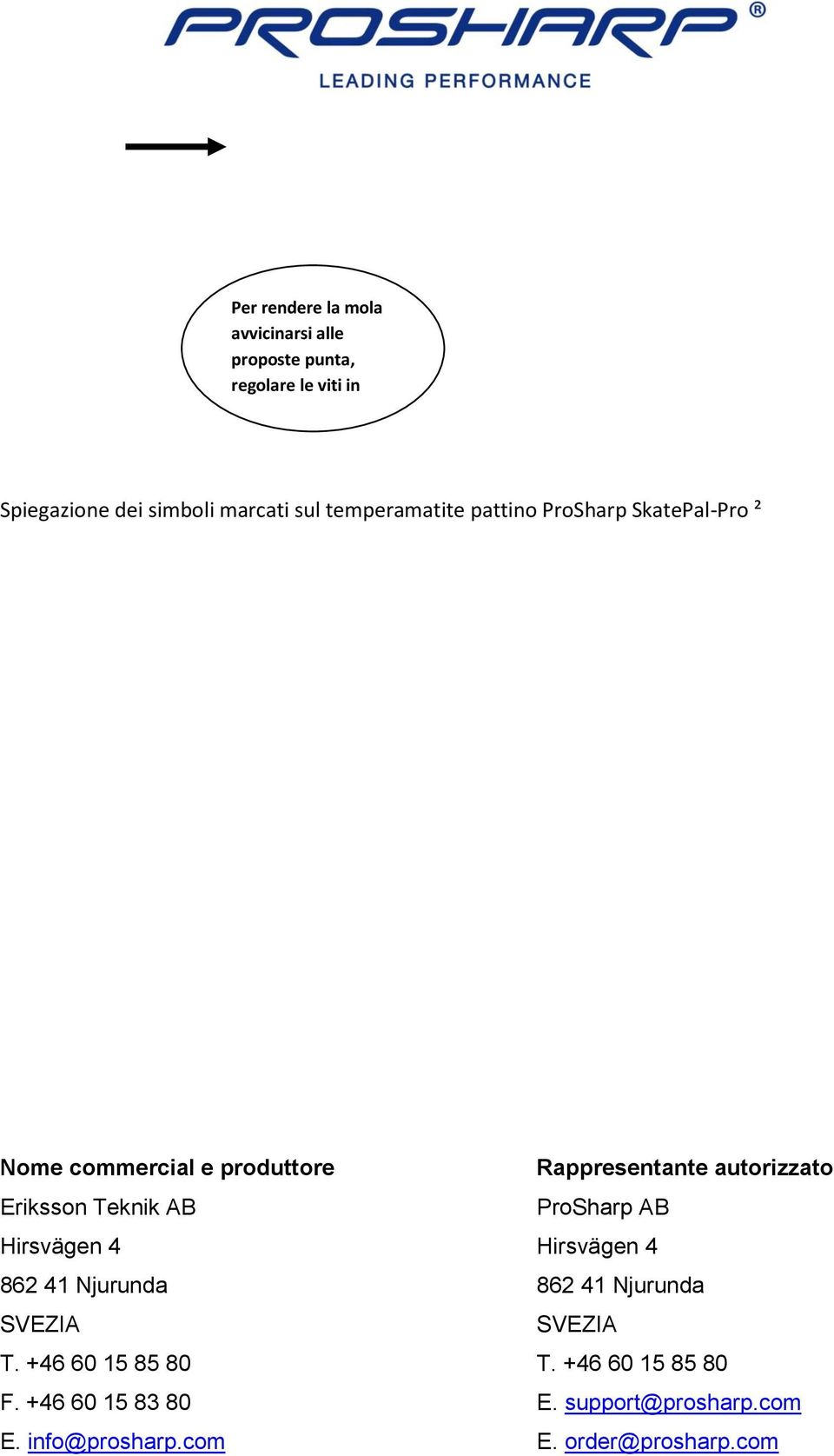 Rappresentante autorizzato Eriksson Teknik AB ProSharp AB Hirsvägen 4 Hirsvägen 4 862 41 Njurunda 862 41