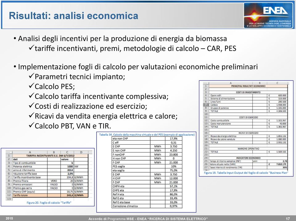 economiche preliminari Parametri tecnici impianto; Calcolo PES; Calcolo tariffa incentivante