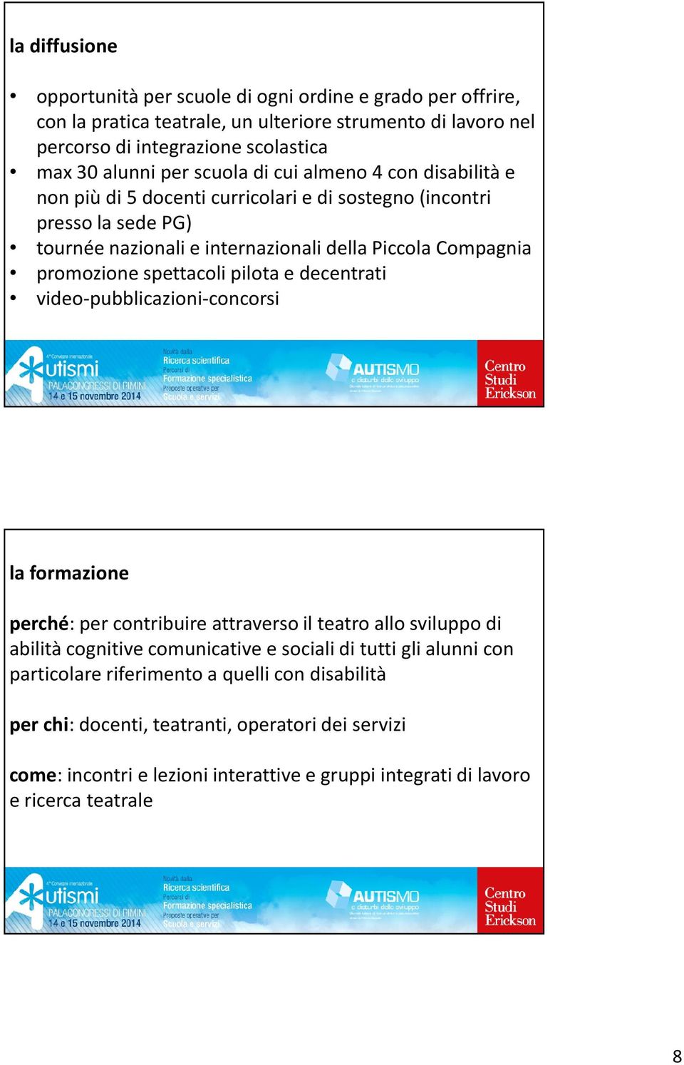 spettacoli pilota e decentrati video-pubblicazioni-concorsi la formazione perché: per contribuire attraverso il teatro allo sviluppo di abilità cognitive comunicative e sociali di tutti gli